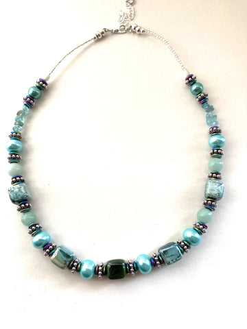 Aqua Ceramic and Gemstone Necklace - 24108N