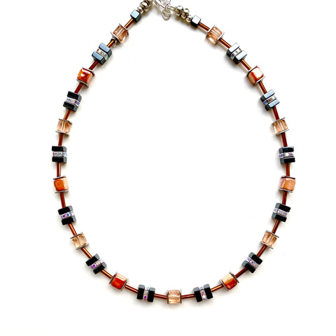 Orange & Black Ceramic, Crystal & Gemstone Necklace - 25126N