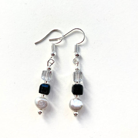 Black and Silver Pearl and Crystal Earring - 20204ER