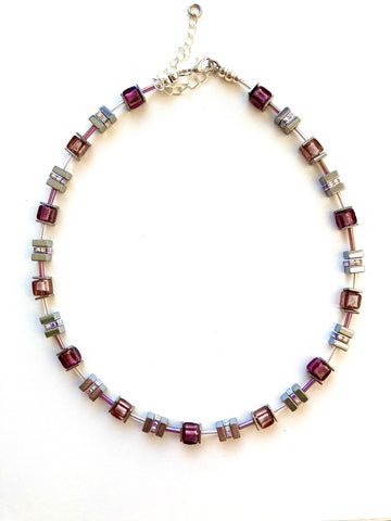 Amethyst Murano-style Glass and Gemstone Cube Necklace - 24103N