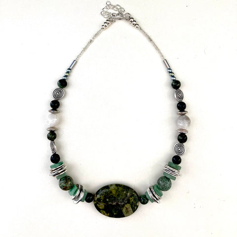 Green White and Silver Gemstone Necklace - 23120N