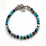 Teal and Blue Crystal and Hematite Cube Bracelet - 19222BR