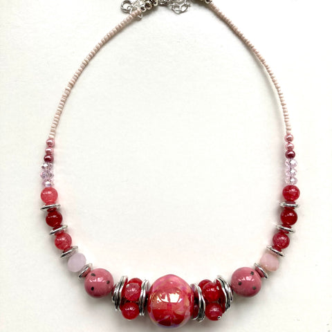 Coral Pink Ceramic and Gemstone Necklace - 23109N