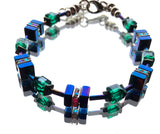 Blue and Green Hematite and Crystal  Cube Bracelet - 20202BR