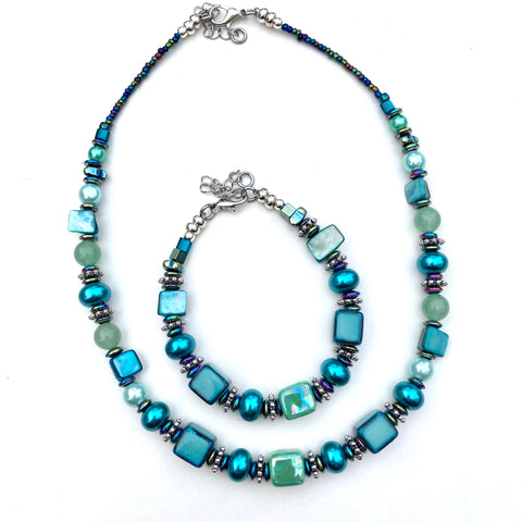 Blue/Green Ceramic and Shell Necklace - 22105N