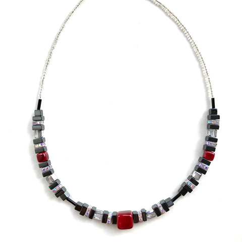 Red & Black Ceramic, Hematite & Crystal Necklace - 25118N
