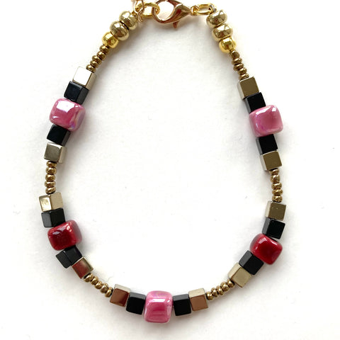 Red, Pink, Black & Gold Ceramic & Gemstone Bracelet - 26110BR