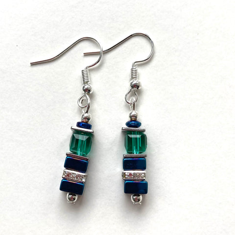 Blue and Green Hematite and Crystal Cube Earring - 20202ER