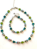 Teal and Lime Green Murano-style Glass and Gemstone Cube Necklace - 24102N