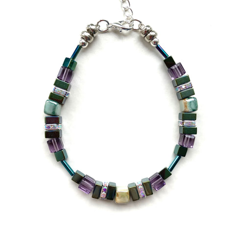 Green & Purple Ceramic, Hematite & Crystal Bracelet - 25116BR
