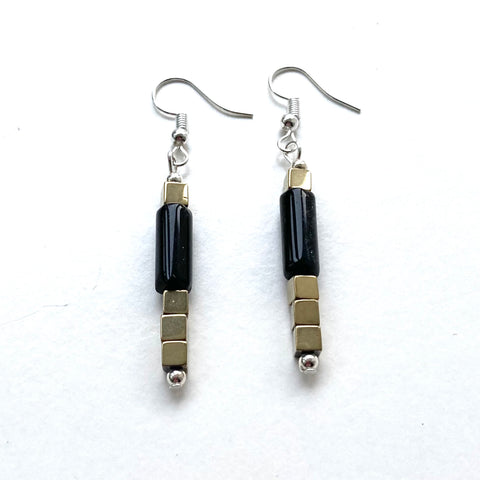 Tubular Black and Gold Gemstone Earrings - 24113ER