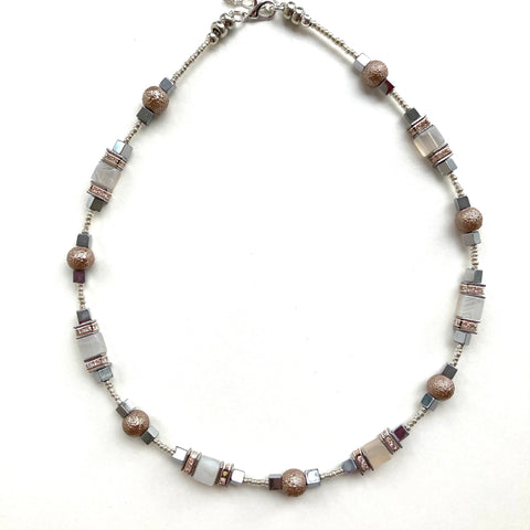 Silver & Beige Gemstone Geometric Necklace - 25121N
