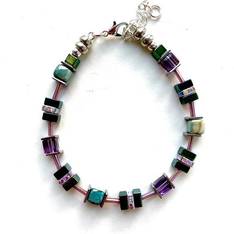 Purple & Green Ceramic, Crystal & Gemstone Bracelet -24121BR
