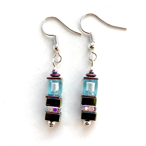 Aqua & Green Gemstone & Crystal Cube Earrings - 26107ER