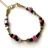 Red, Pink, Black & Gold Ceramic & Gemstone Bracelet - 26110BR