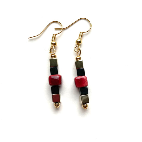 Red, Black & Gold Ceramic & Gemstone Earrings - 26110ER