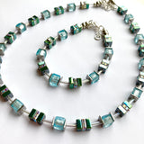 Aqua & Green Glass & Gemstone Cube Bracelet - 26107BR