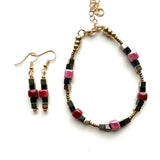 Red, Pink, Black & Gold Ceramic & Gemstone Bracelet - 26110BR