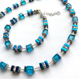 Turquoise & Blue Hematite & Glass Cube Bracelet - 26108BR