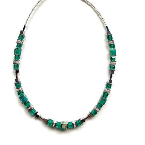 Green Gemstone and Crystal Necklace - 24110N