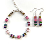 Pink Ceramic, Crystal & Gemstone Cube Necklace - 24119N