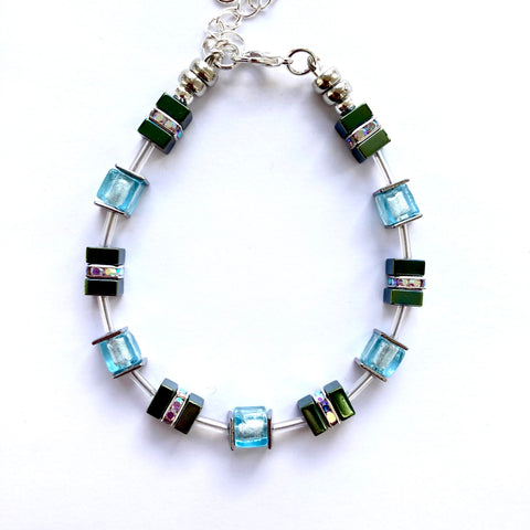 Aqua & Green Glass & Gemstone Cube Bracelet - 26107BR