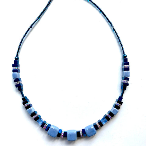 Blue Ceramic and Gemstone Cube Necklace - 22110N