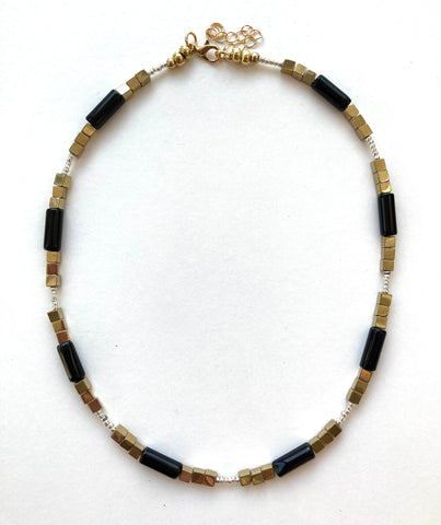 Tubular Black & Gold Gemstone Necklace -24113N