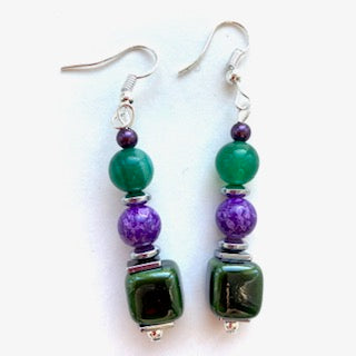 Purple and Green Ceramic and Gemstone Earrings - 23106ER
