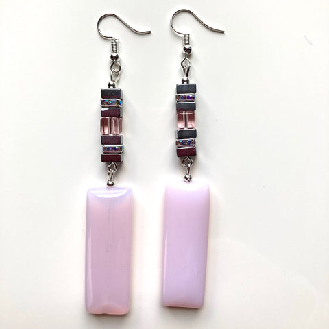 Long Pink Opalite and Crystal Gemstone Earrings - 23102(B)ER