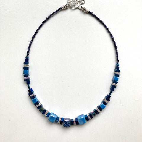 Blue Ceramic and Gemstone Cube Necklace - 22110N