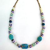 Green, Lilac and Gold Gemstone and Ceramic Necklace - 23112N