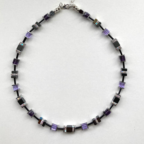 Purple, Lilac and Silver Hematite and Crystal Cube Necklace - 23117N