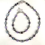 Purple, Lilac and Silver Hematite and Crystal Cube Necklace - 23117N
