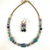 Green, Lilac and Gold Gemstone and Ceramic Necklace - 23112N