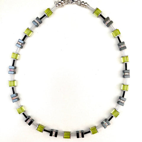 Lime Green and Grey Hematite and Crystal Cube Necklace - 23116N