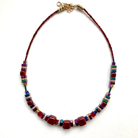 Burgundy Red Ceramic and Gemstone Cubes Necklace - 23113N