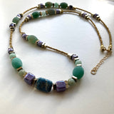 Long Green Lilac and Gold Gemstone and Ceramic Necklace - 23112NL