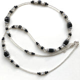 Long Black and Silver Ceramic and Crystal Necklace - 23115N