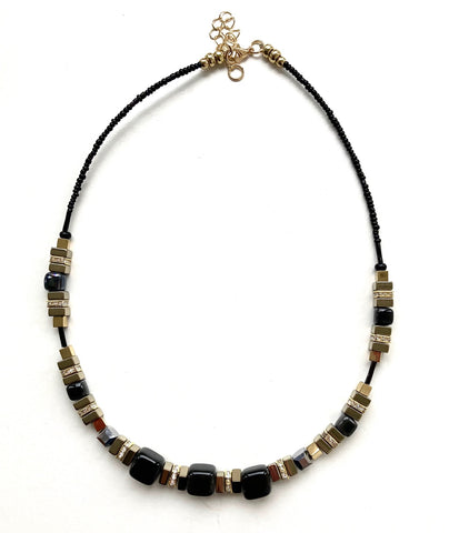 Black Ceramic and Gemstone Cubes Necklace - 22125NB
