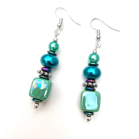 Blue/Green Ceramic and Pearl Earring - 22105ER