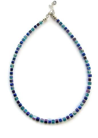 Teal and Blue Crystal and Hematite Cubes Necklace - 19222N