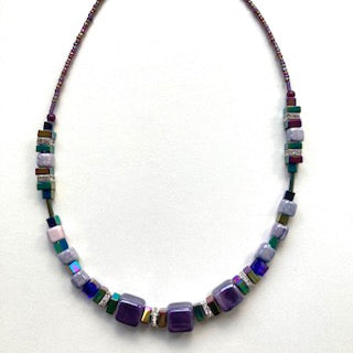 Purple Ceramic and Gemstone Cube Necklace - 22126N