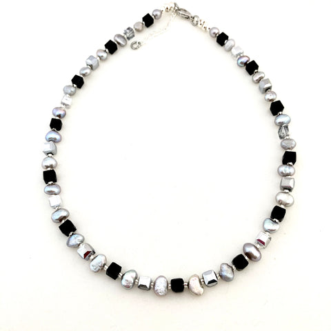 Black and Silver Pearl and Crystal Necklace - 20204N