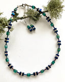 Blue and Green Hematite and Crystal Cube Necklace - 20202N