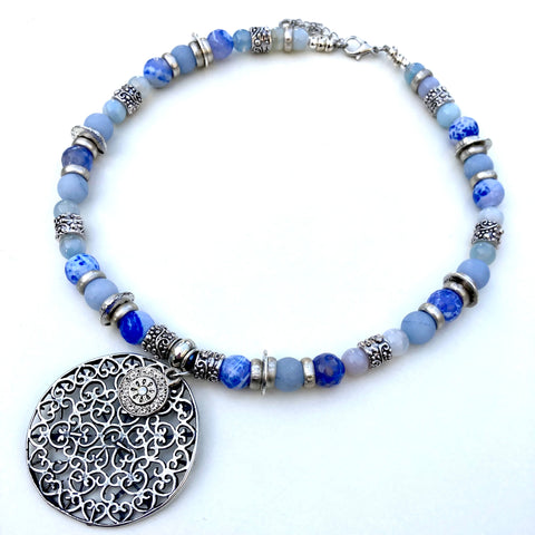 Blue Ethnic Gemstone Necklace with Vintage Medallion - 22106N
