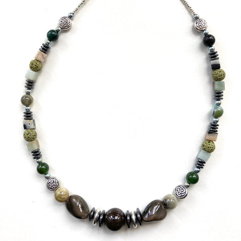 Green/Grey Gemstone and Ceramic Necklace with Celtic knots - 22113N