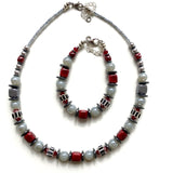 Red and Grey Ceramic, Pearl and Crystal Necklace - 22138N