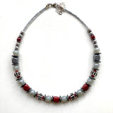 Red and Grey Ceramic, Pearl and Crystal Necklace - 22138N