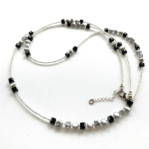 Long Black and Silver Pearl and Crystal  Necklace 20205N